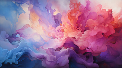 Abstract swirls of multicolored smoke. Light pastel pink, blue, purple fluid art. Copy space wallpaper.