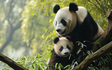Fototapeta premium Panda cub learning to climb under the watchful eye of its mother