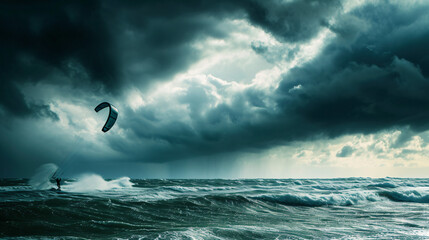 A dramatic stormy kite surfing scene with dark clouds and choppy waters adding an element of challenge and excitement. - obrazy, fototapety, plakaty