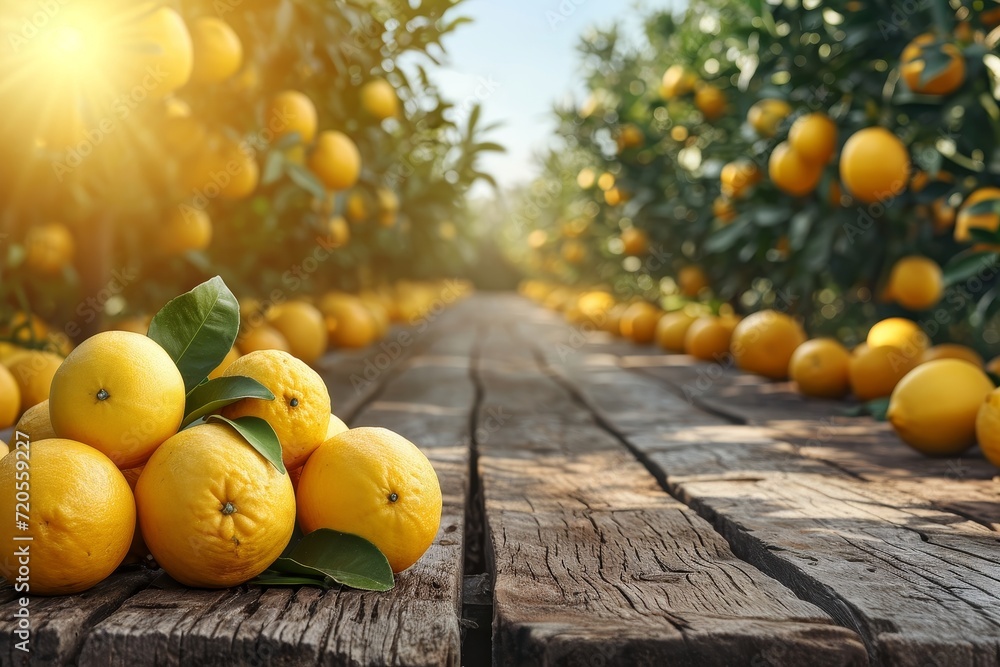 Poster a collection of fresh and vibrant lemons arranged in a neat pile resting upon a sturdy wooden table.