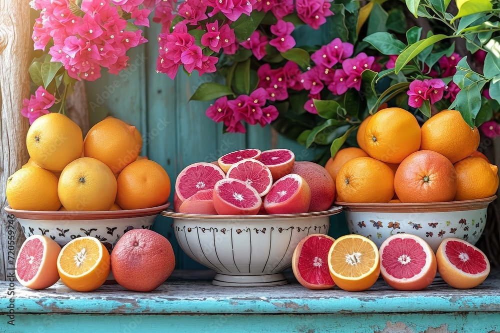Poster a table topped with bowls filled with fresh oranges and grapefruits, showcasing the vibrant colors a