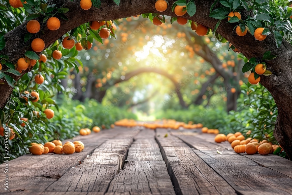 Wall mural A wooden table is filled with a bountiful display of vibrant oranges.