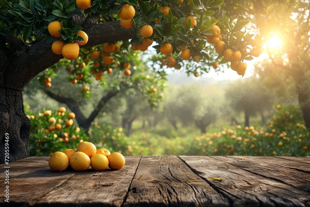 Poster A wooden table covered with a multitude of oranges, creating a vibrant scene.