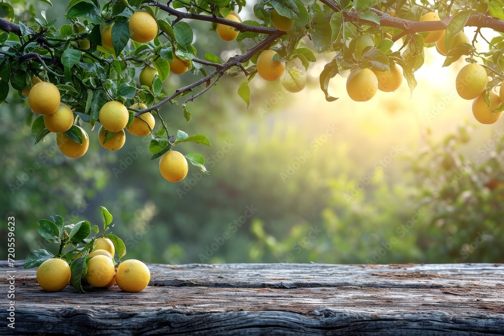 Poster a bunch of lemons hangs from a tree branch in a lush green garden.