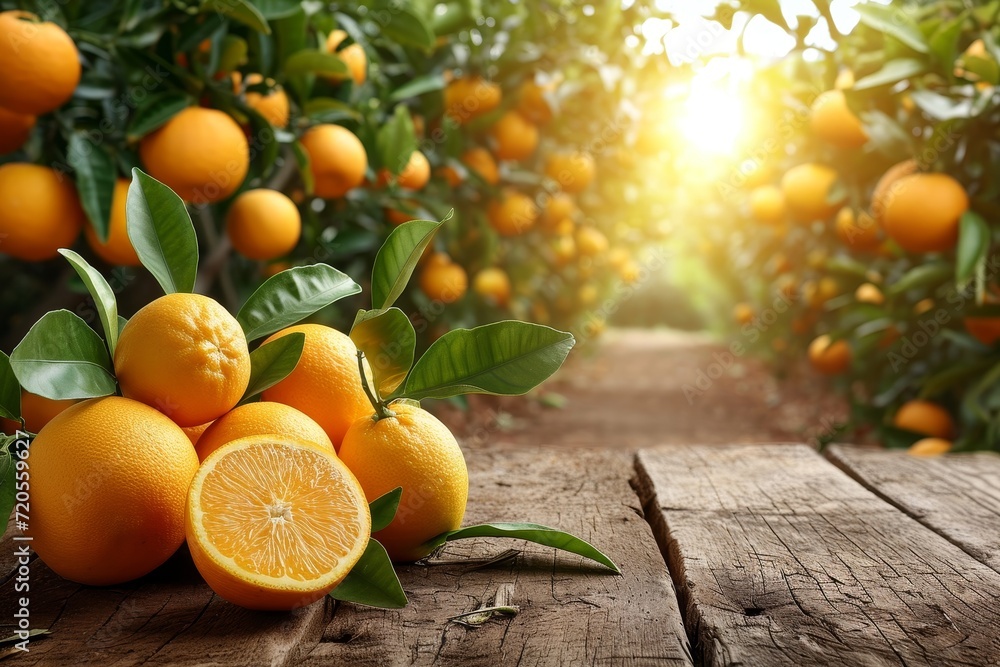 Poster a vibrant assortment of juicy oranges arranged neatly on top of a rustic wooden table.
