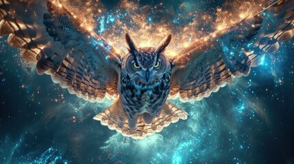 Cosmic journey, mystical essence of a cosmic owl, symbolism shamanism and witchcraft.