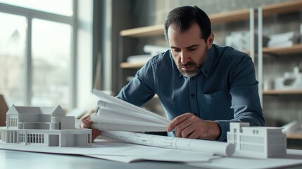 An architect studying blueprints of a modern building design. - obrazy, fototapety, plakaty