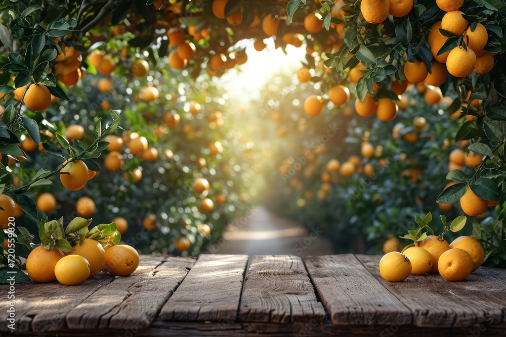 Poster a wooden table adorned with an abundance of vibrant oranges, creating a colorful display in summer g