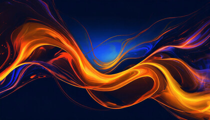 Smooth liquid neon light curved orange and red on dark blue background on digital art concept, Generative AI.