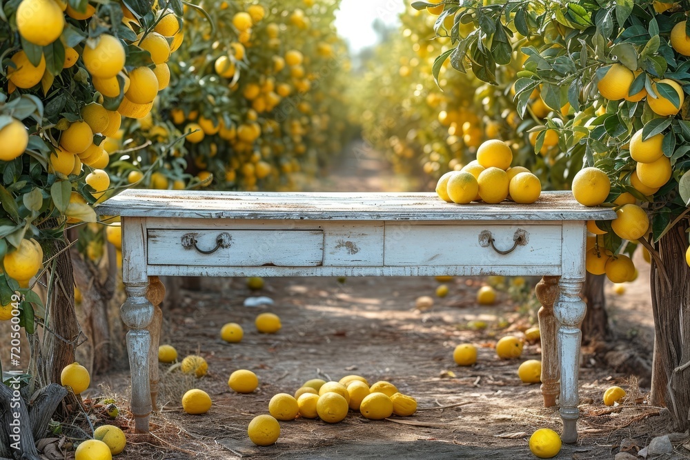 Poster a table covered with a variety of lemons placed neatly on top in lemon garden