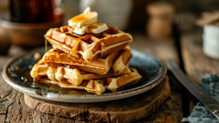 Fototapeta premium Waffle Stack with Maple Syrup against a rustic farmhouse kitchen