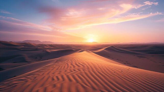 A family adventure in a desert landscape exploring sand dunes and enjoying a sunset.
