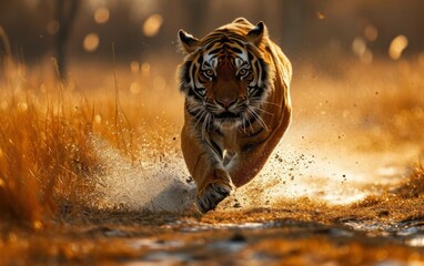 tiger engaging in a joyful sprint across the savannah - obrazy, fototapety, plakaty