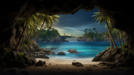 An island with palm trees and sand beach viewed from a cave 