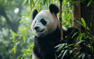 panda gracefully climbing a bamboo tree