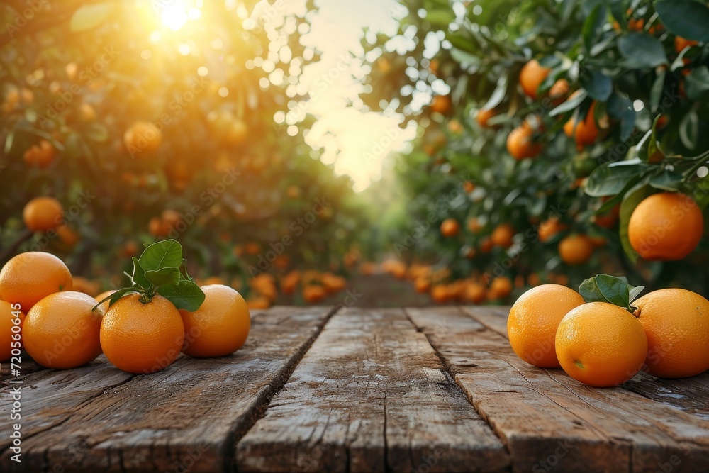 Poster a wooden table holds a bountiful display of vibrant oranges.