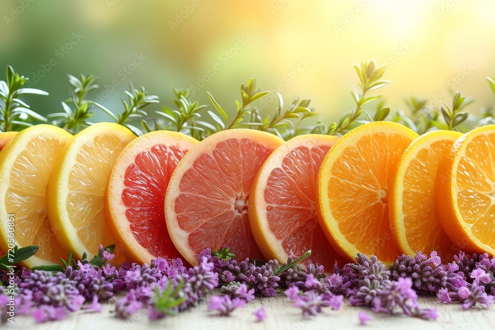 Poster a visually appealing arrangement of grapefruit and orange slices, accompanied by lavender sprigs.