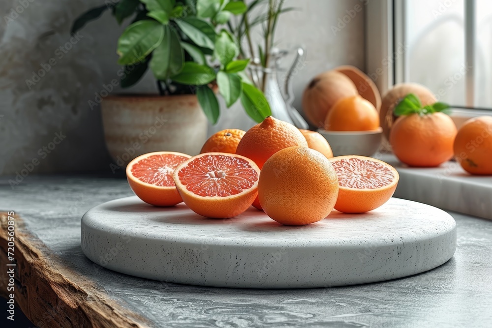 Poster A detailed view of multiple oranges arranged neatly on a table near window.