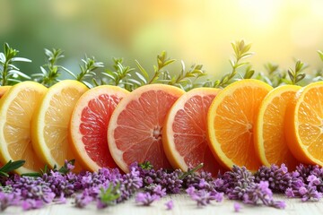 A visually appealing arrangement of grapefruit and orange slices, accompanied by lavender sprigs.