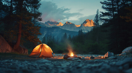 A family camping trip in the mountains with a tent set up and a campfire burning. - obrazy, fototapety, plakaty