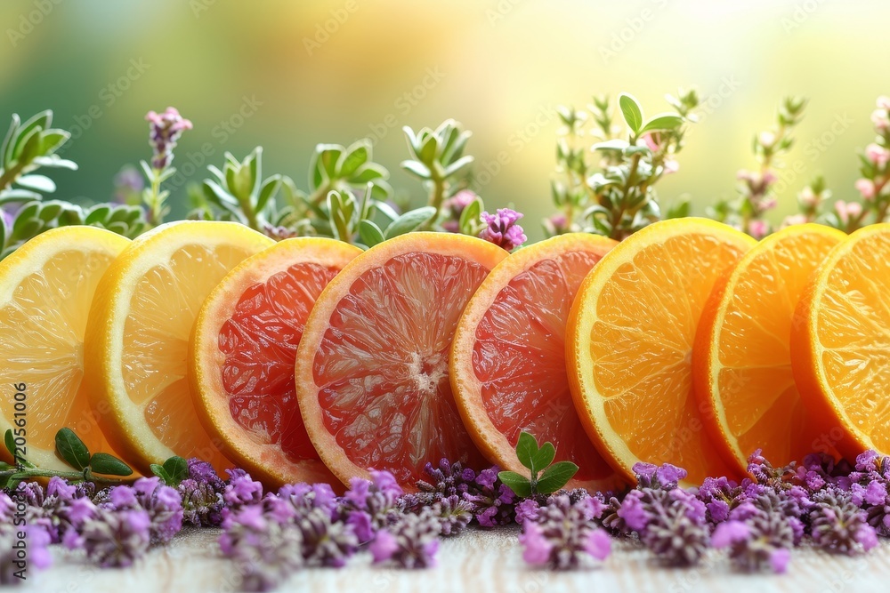 Poster a group of freshly sliced oranges neatly arranged on top of a wooden table.