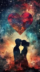 Obraz premium Silhouettes of couples against a cosmic background. A love affair that transcends earthly boundaries.