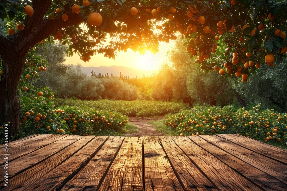 Poster A wooden table is set against the backdrop of an orange tree, creating a rustic and natural atmosphere.