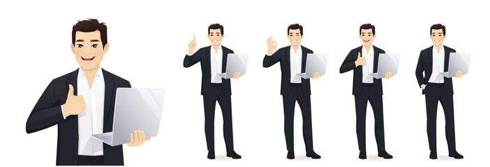 Asian business man in black suit holding laptop computer standing different posing isolated vector illustration - Powered by Adobe