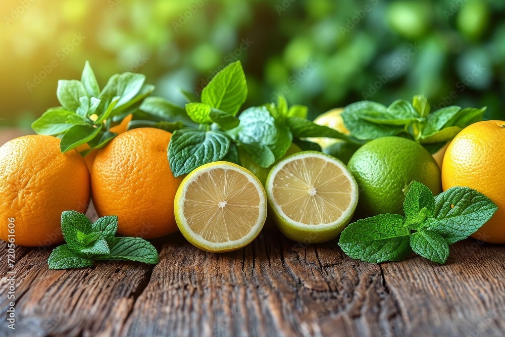 Poster a collection of oranges and limes arranged neatly on a wooden table.