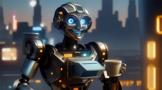 human robot drinks coffee ,morning robo breakfast