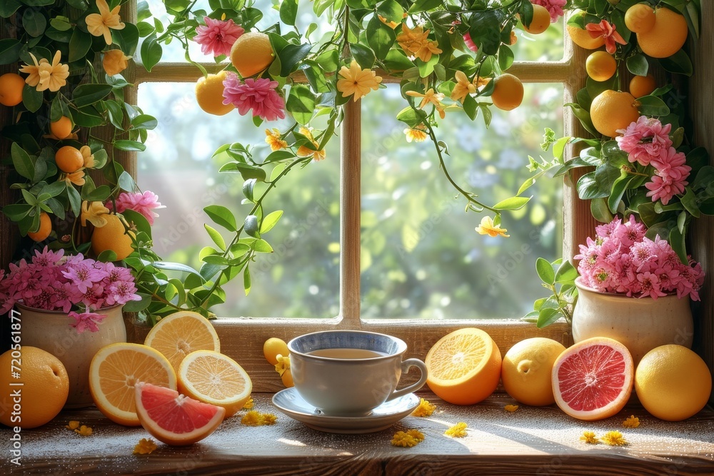 Poster a colorful assortment of various fruits and vibrant flowers fills a window sill, creating a lively a