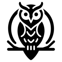 Elegant wise owl bird perch logo icon, symbol, clipart, silhouette, black color silhouette