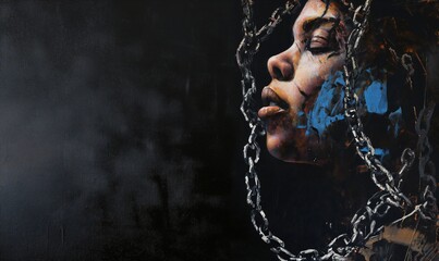 African American woman in chains. Freedom and struggle concept. - obrazy, fototapety, plakaty