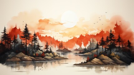 Watercolor landscape featuring a mountain view, Misty mountains watercolor background. Beautiful simple painting of mountains.