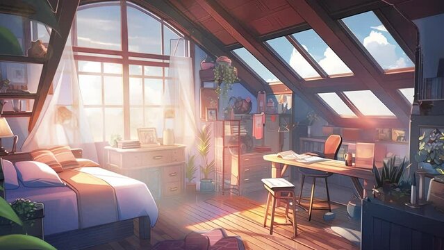 Animated Vtubers Streamer Background of a Loft Bedroom in an Anime Style