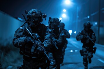 Fototapeta premium Special forces team on a night mission on an urban street. Counter-terrorism and SWAT team concept. Design for banner, poster, wallpaper. Special forces in combat concept. Night patrol and teamwork 