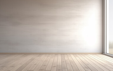 Light gray empty wall with wooden floor and glare of sun from window.
