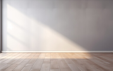 Light gray empty wall with wooden floor and glare of sun from window.
