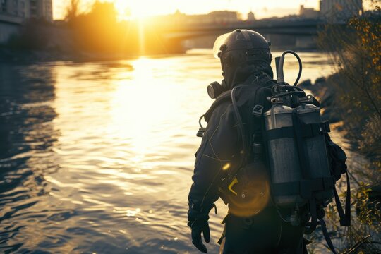 Soldier with backpack standing by the river at sunset. Counter-terrorism and SWAT team concept. Design for banner, poster, wallpaper. Special forces unit