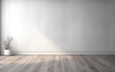 Light gray empty wall with wooden floor and glare of sun from window.
