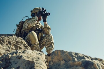 Soldier observing through binoculars from a rocky terrain. Military operations and tactics concept. Special forces unit. Design for banner, poster, wallpapers. Desert warfare