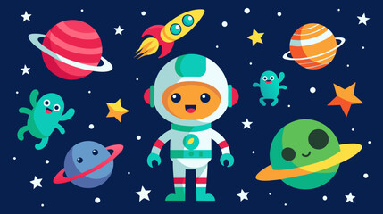 Cute astronaut and friendly aliens in a colorful space vector illustration