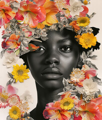 Collage with beautiful black female portrait and flowers