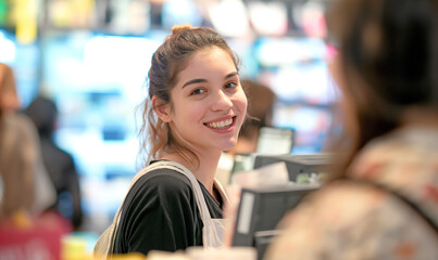 Nice saleswoman smiling at the checkout. - obrazy, fototapety, plakaty