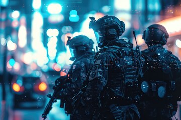 Squad of soldiers on patrol in night city. Urban warfare. Special operations and futuristic technology. Police of the future. Design for banner, poster, advertising - obrazy, fototapety, plakaty