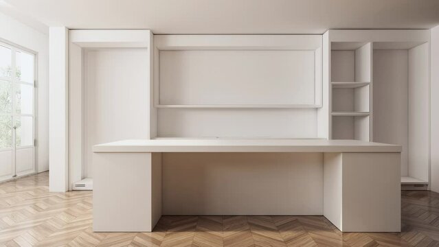 Animation of a modern, glamour and classical style kitchen, presenting process of creating and building a kitchen interior arrangement step by step. 3D animation.