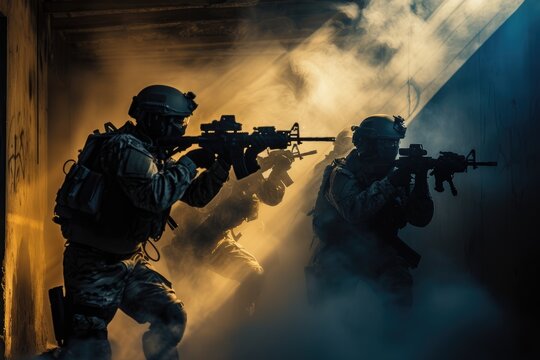 Soldiers in combat firing weapons with smoke. Military operations and tactics concept. Special forces unit. Design for banner, poster, wallpapers. Urban warfare
