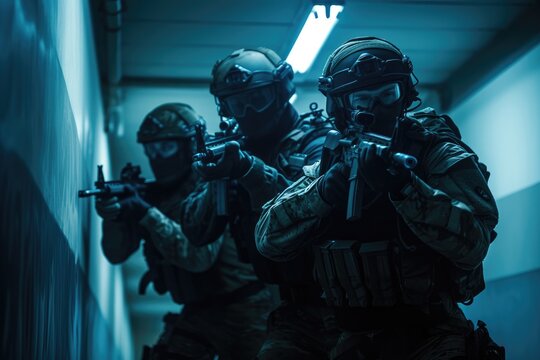 Team of special forces moving through a corridor with tactical formation. Special forces unit. Counter-terrorism and SWAT team concept. Design for banner, poster, backdrop