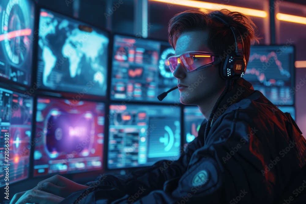 Poster cybersecurity operator monitoring screens in a high-tech control room. cyber defense and futuristic 