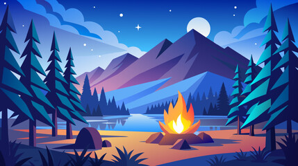 Serene camping scene by a lake with mountains and stars at night vector illustration